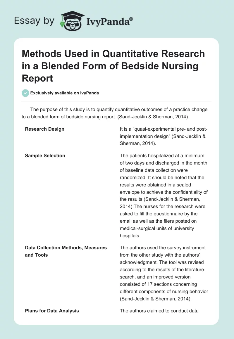Methods Used in Quantitative Research in a Blended Form of Bedside Nursing Report. Page 1