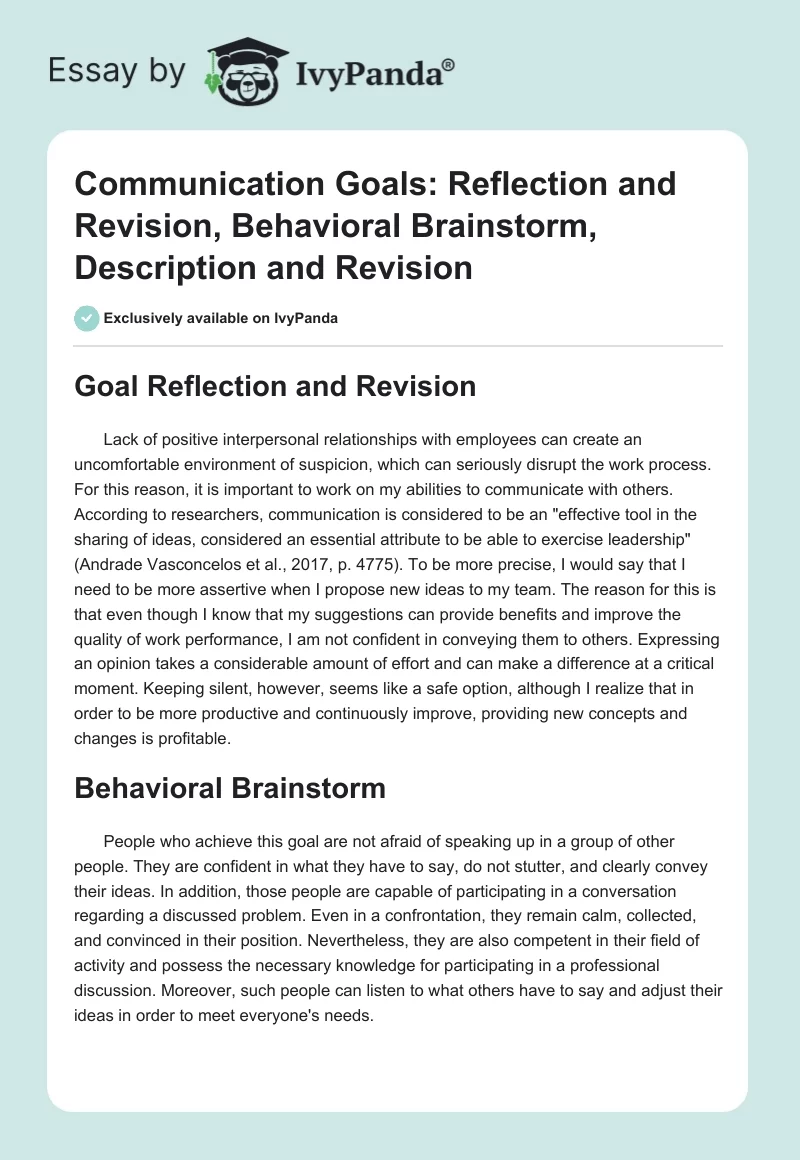 Communication Goals: Reflection and Revision, Behavioral Brainstorm, Description and Revision. Page 1
