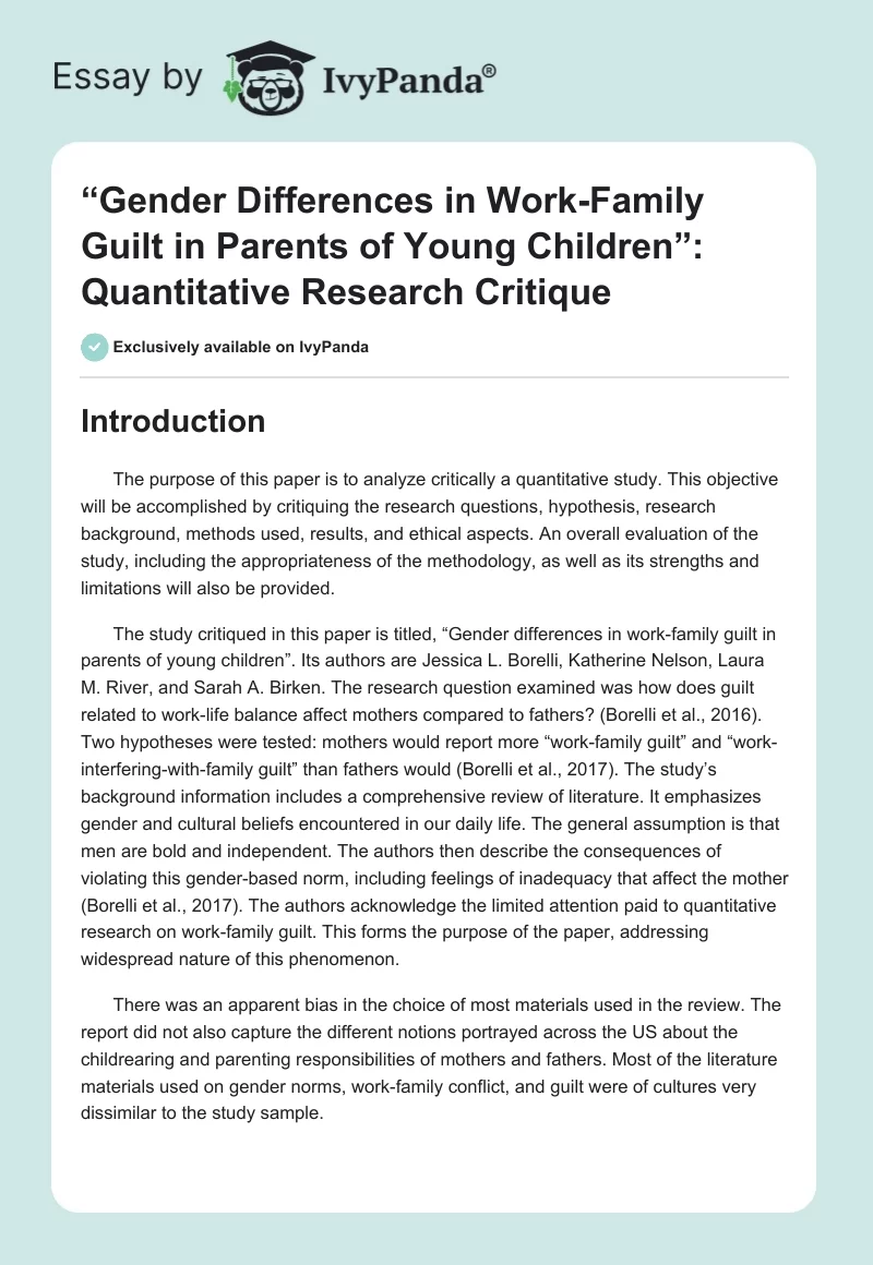 “Gender Differences in Work-Family Guilt in Parents of Young Children”: Quantitative Research Critique. Page 1