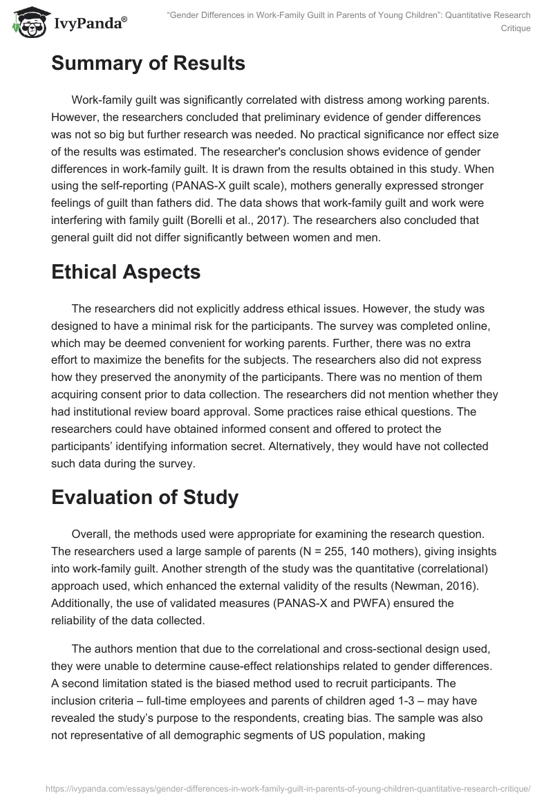 “Gender Differences in Work-Family Guilt in Parents of Young Children”: Quantitative Research Critique. Page 3