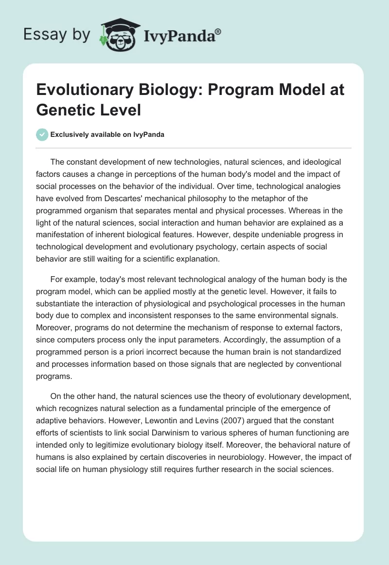 Evolutionary Biology: Program Model at Genetic Level. Page 1