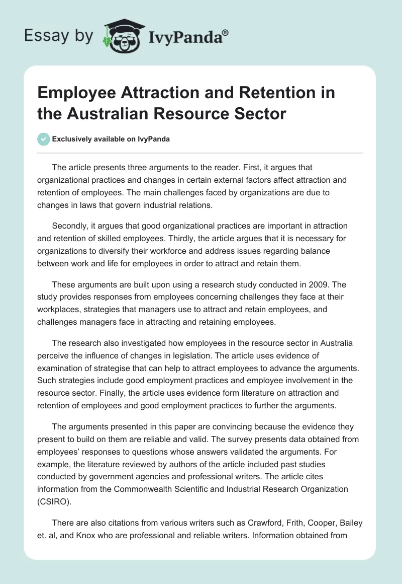Employee Attraction and Retention in the Australian Resource Sector. Page 1