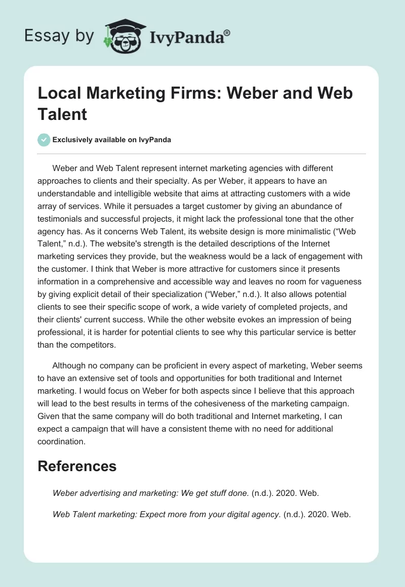Local Marketing Firms: Weber and Web Talent. Page 1