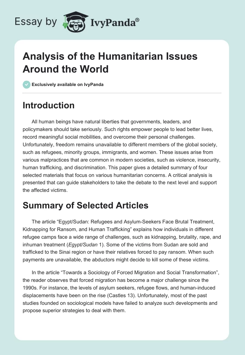 Analysis of the Humanitarian Issues Around the World. Page 1