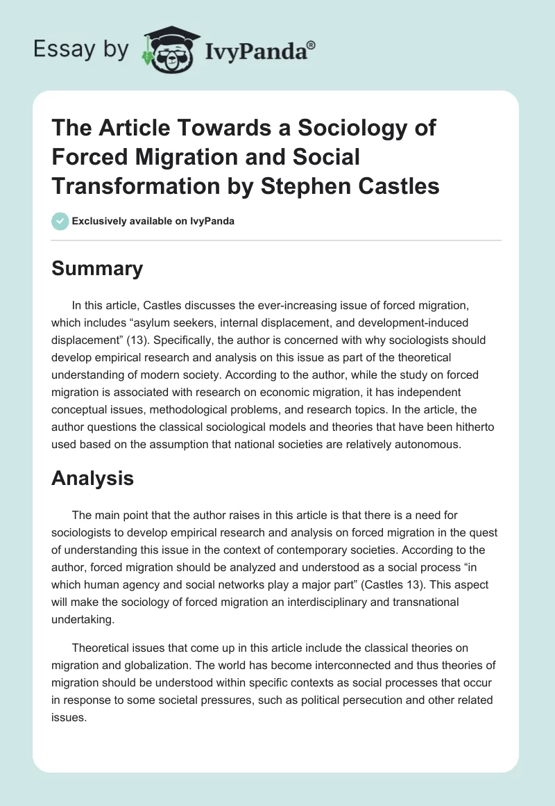 The Article "Towards a Sociology of Forced Migration and Social Transformation" by Stephen Castles. Page 1