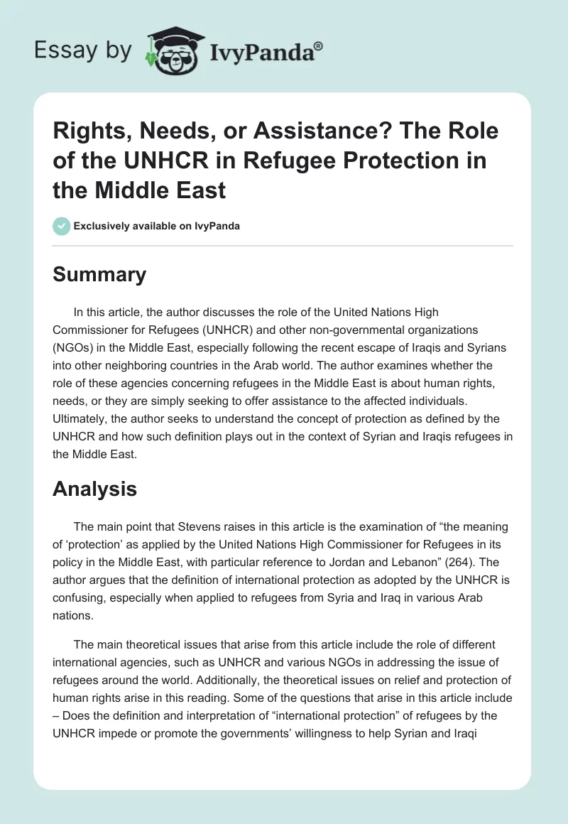 Rights, Needs, or Assistance? The Role of the UNHCR in Refugee Protection in the Middle East. Page 1