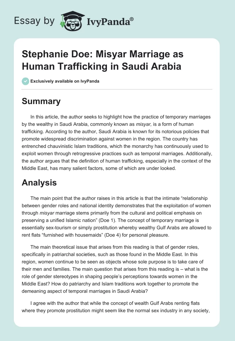 Stephanie Doe: Misyar Marriage as Human Trafficking in Saudi Arabia. Page 1