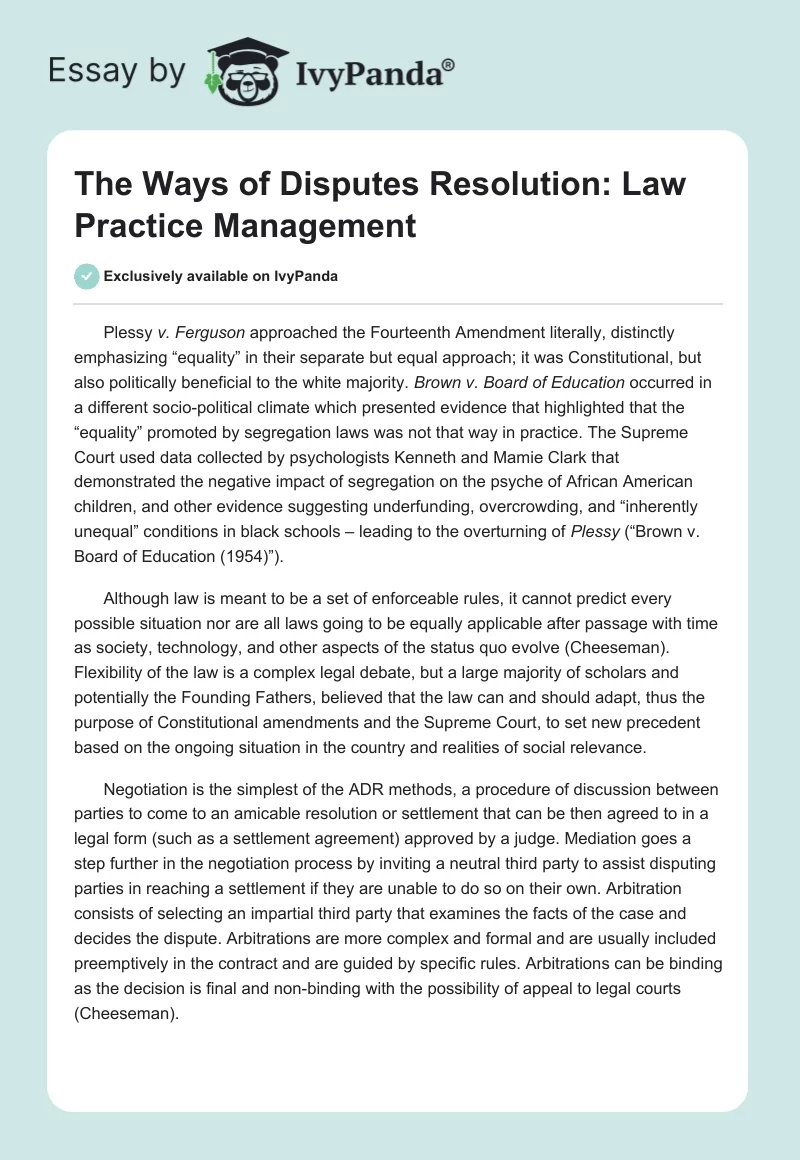 The Ways of Disputes Resolution: Law Practice Management. Page 1