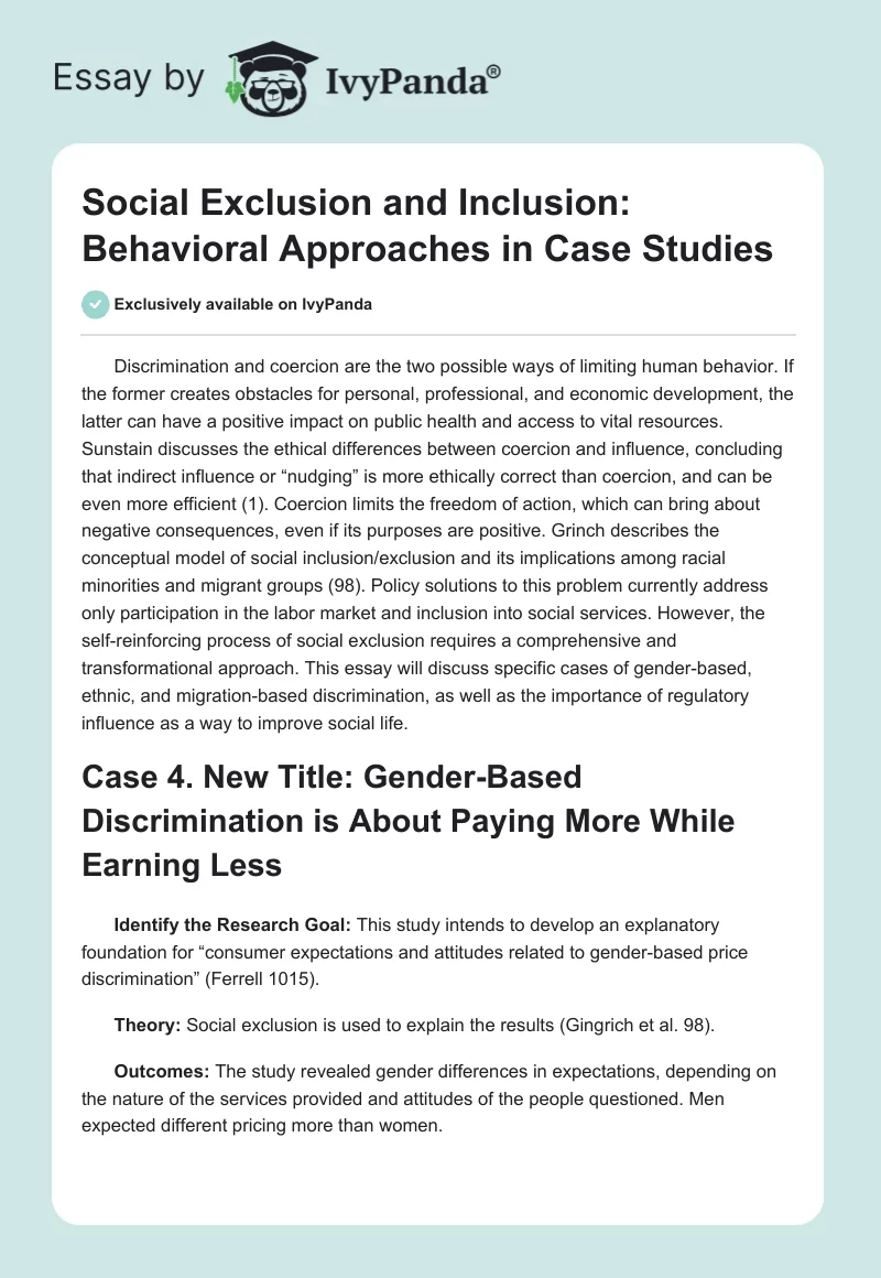 Social Exclusion and Inclusion: Behavioral Approaches in Case Studies. Page 1