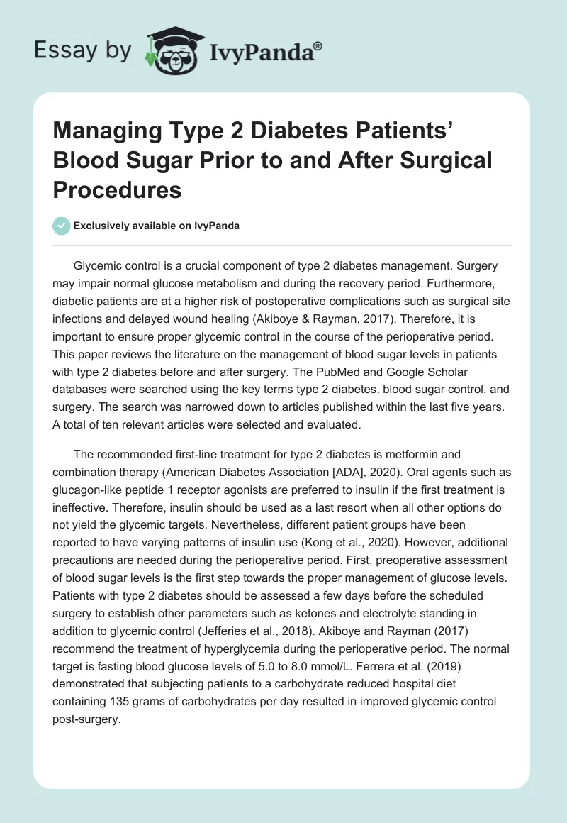Managing Type 2 Diabetes Patients’ Blood Sugar Prior to and After Surgical Procedures. Page 1