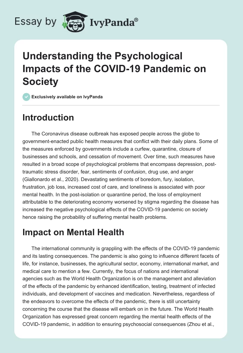 Understanding the Psychological Impacts of the COVID-19 Pandemic on Society. Page 1