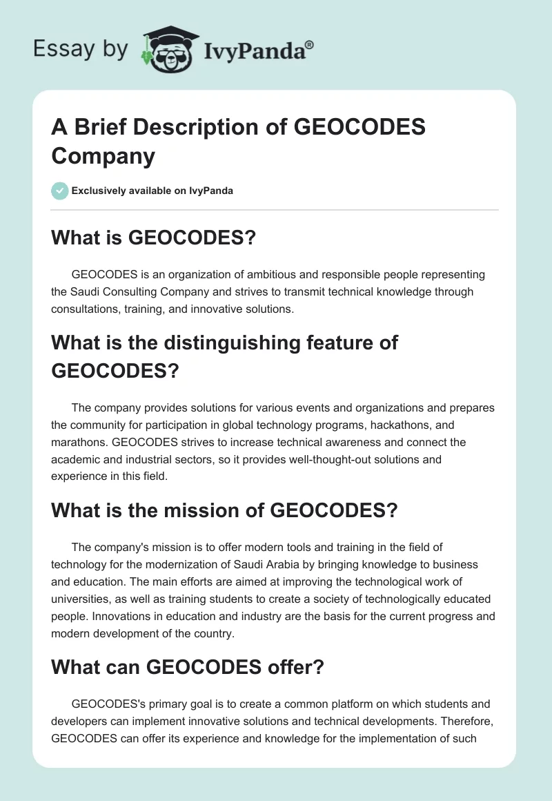 A Brief Description of GEOCODES Company. Page 1