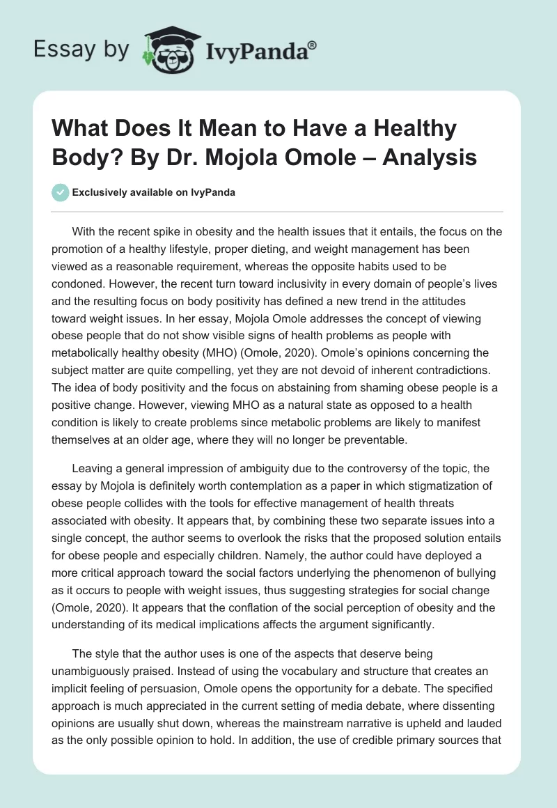 What Does It Mean to Have a Healthy Body? By Dr. Mojola Omole – Analysis. Page 1