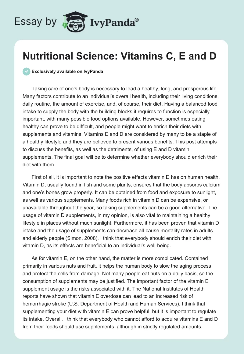 Nutritional Science: Vitamins C, E and D. Page 1