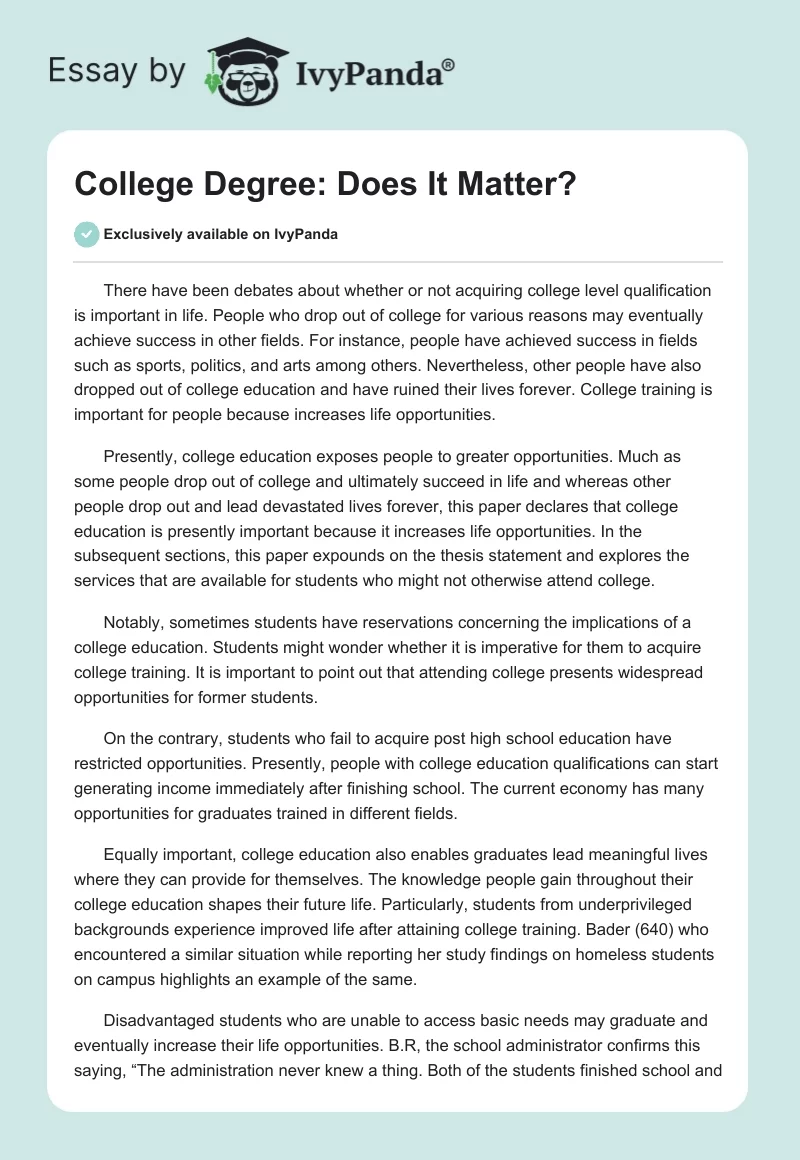 College Degree: Does It Matter?. Page 1