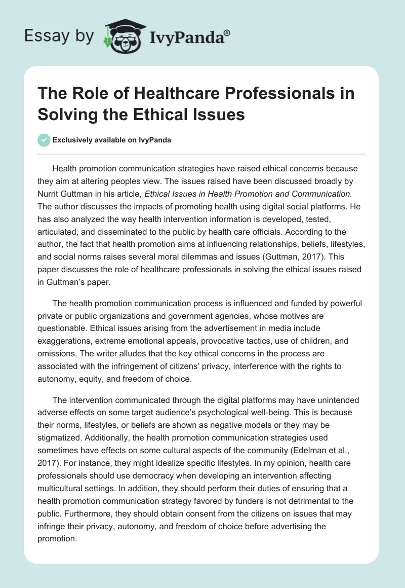 The Role of Healthcare Professionals in Solving the Ethical Issues. Page 1