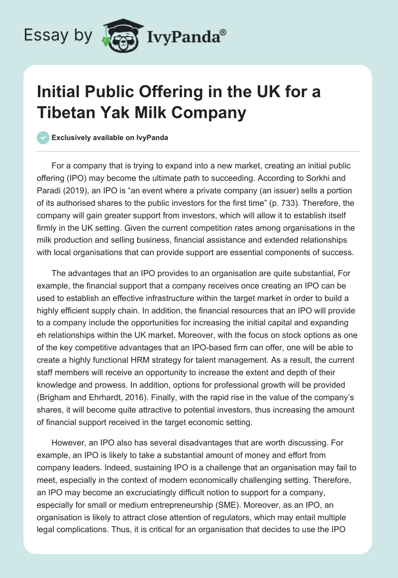 Initial Public Offering in the UK for a Tibetan Yak Milk Company. Page 1