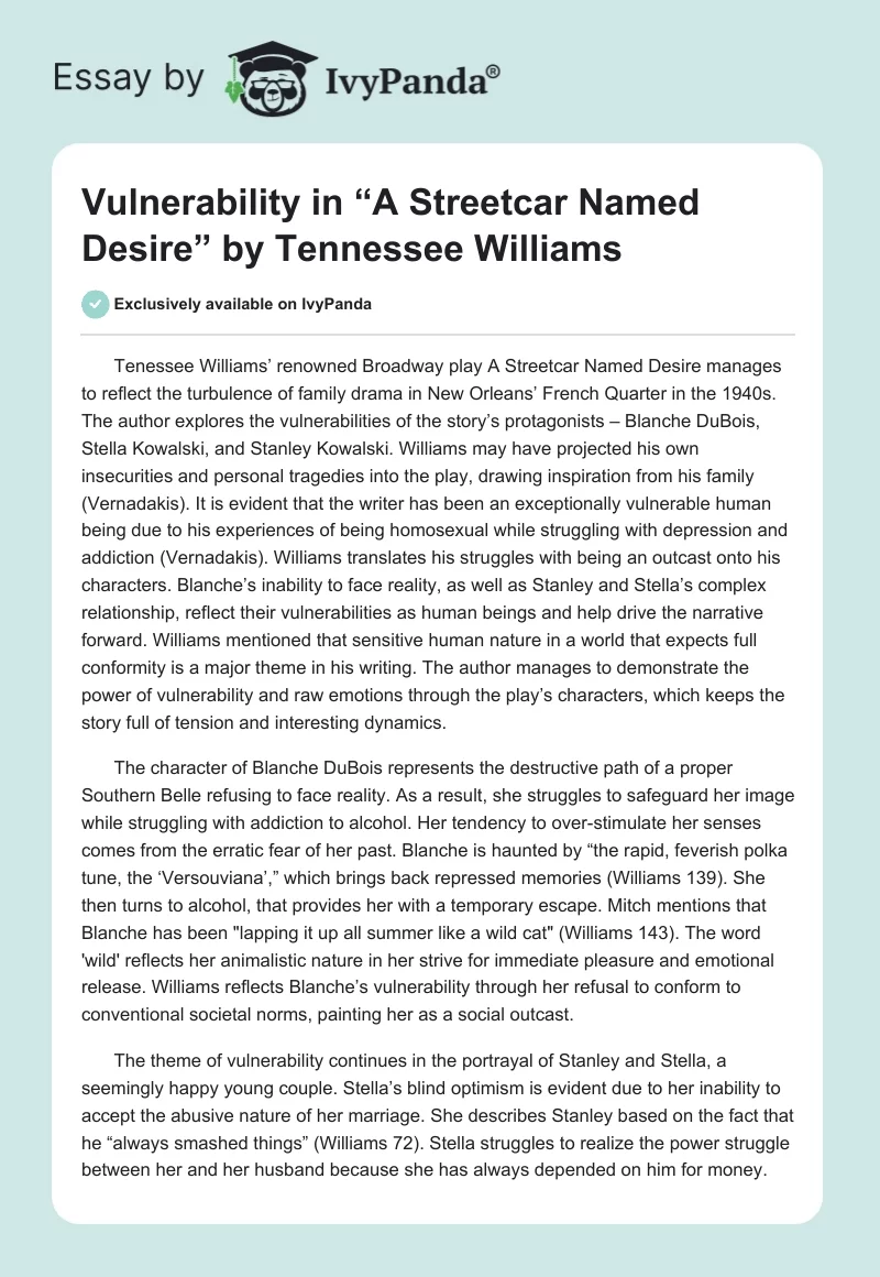 Vulnerability in “A Streetcar Named Desire” by Tennessee Williams. Page 1