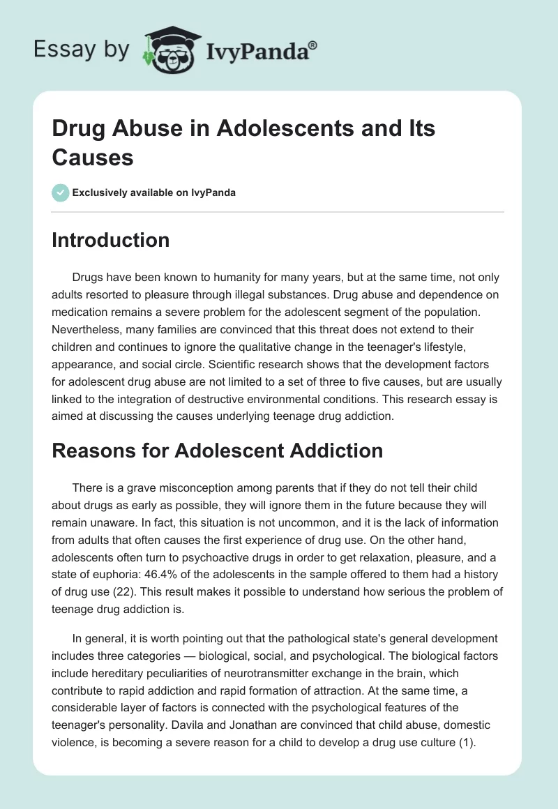 Drug Abuse in Adolescents and Its Causes. Page 1