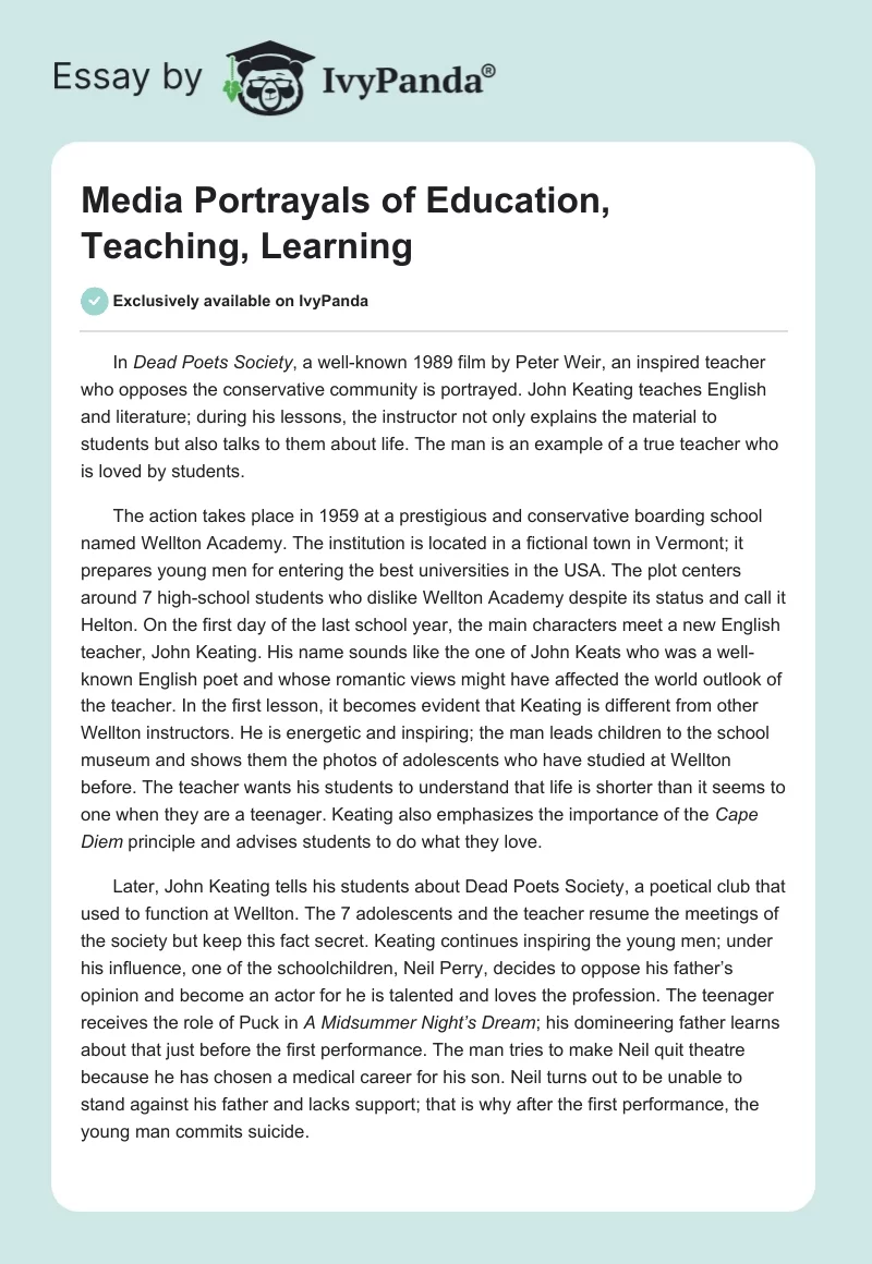 Media Portrayals of Education, Teaching, Learning. Page 1
