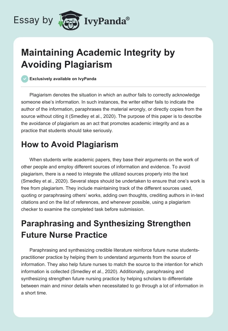 Maintaining Academic Integrity by Avoiding Plagiarism. Page 1
