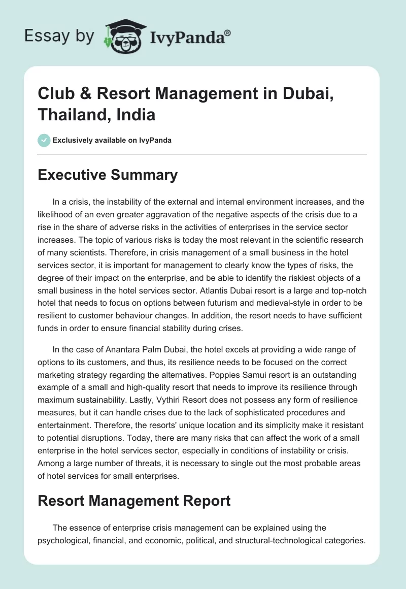 Club & Resort Management in Dubai, Thailand, India. Page 1