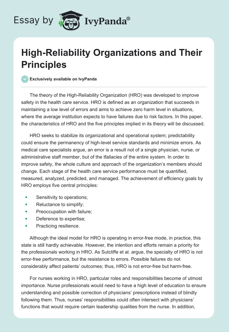High-Reliability Organizations and Their Principles. Page 1