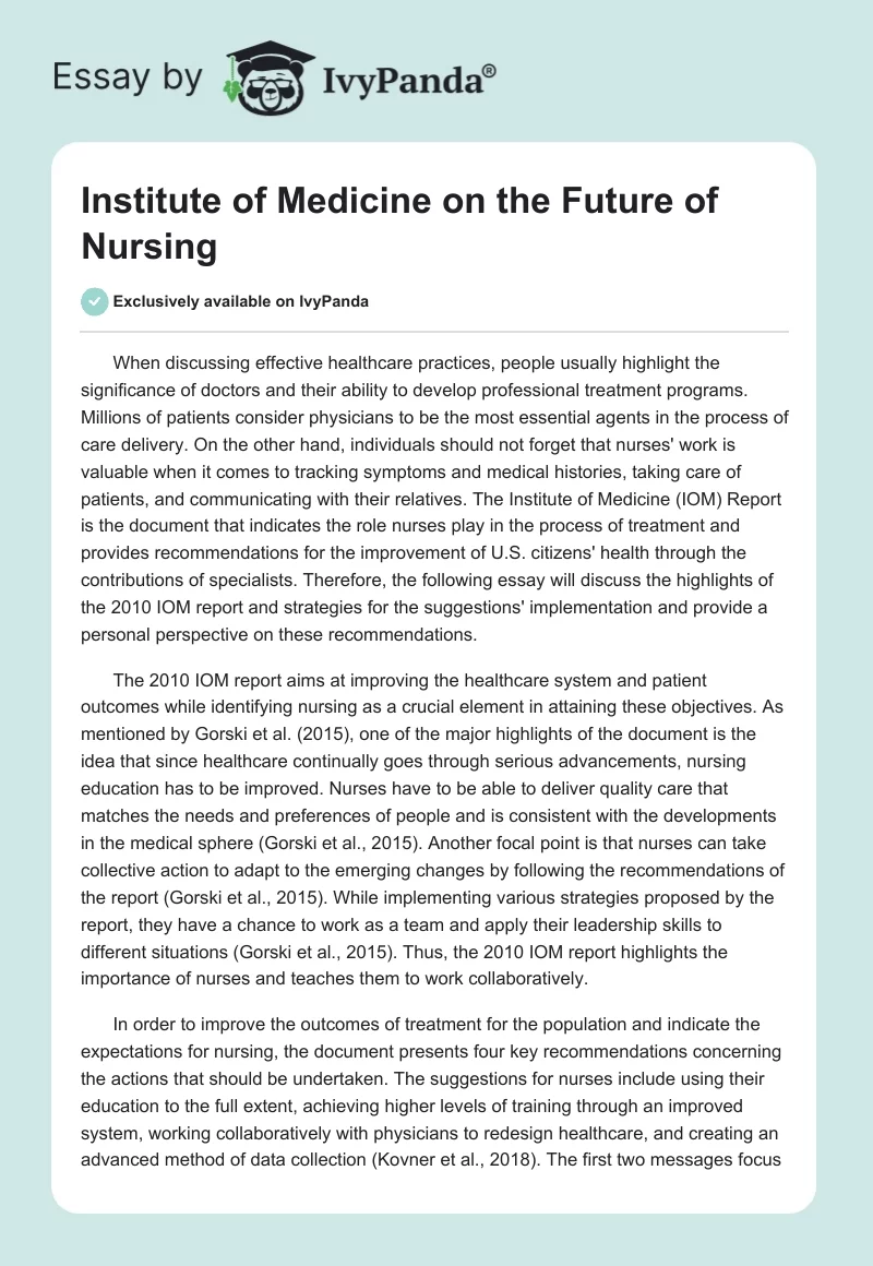 Institute of Medicine on the Future of Nursing. Page 1