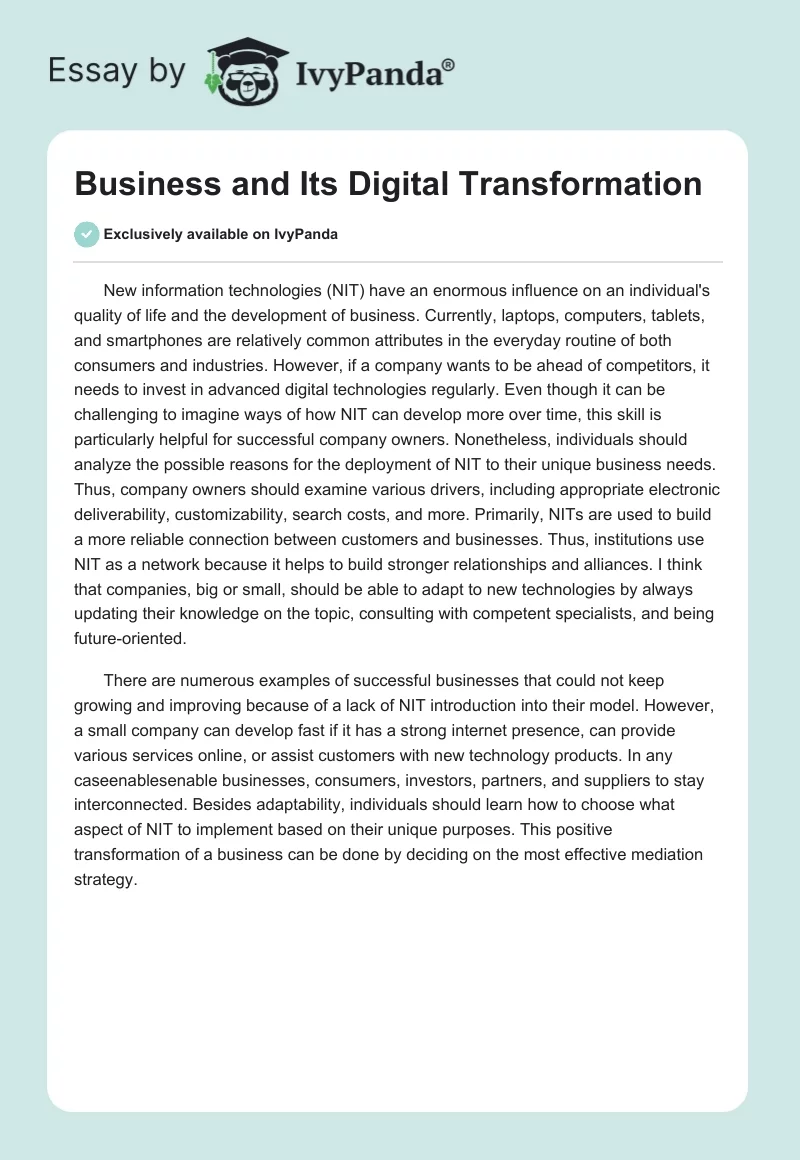 Business and Its Digital Transformation - 274 Words | Essay Example