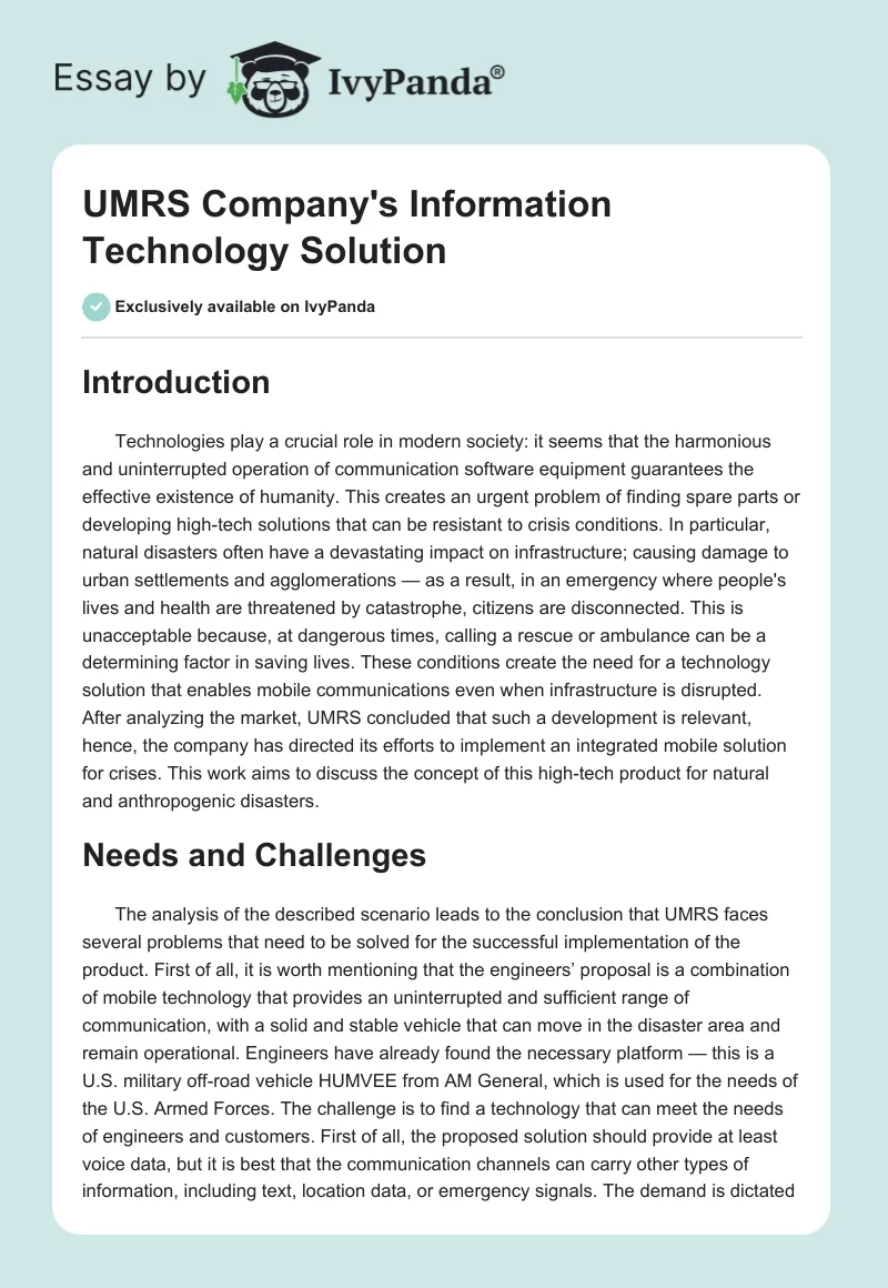 UMRS Company's Information Technology Solution. Page 1