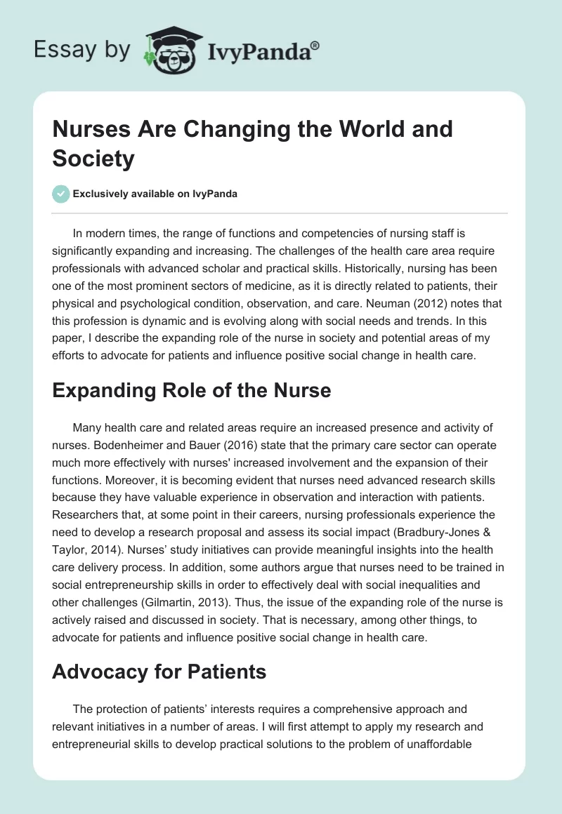 Nurses Are Changing the World and Society. Page 1