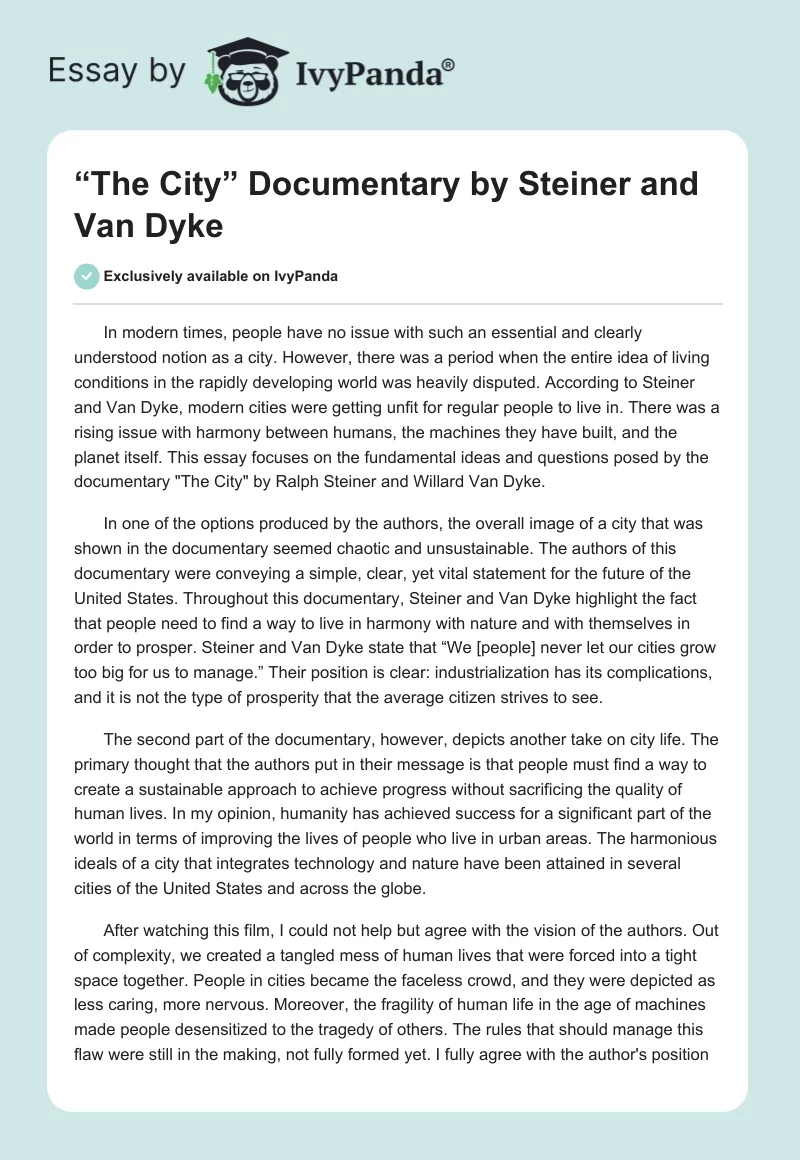 “The City” Documentary by Steiner and Van Dyke. Page 1