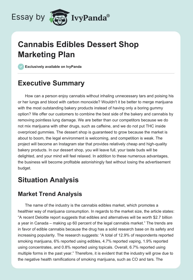 Cannabis Edibles Dessert Shop Marketing Plan. Page 1