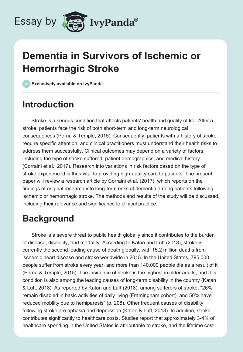Dementia in Survivors of Ischemic or Hemorrhagic Stroke. Page 1