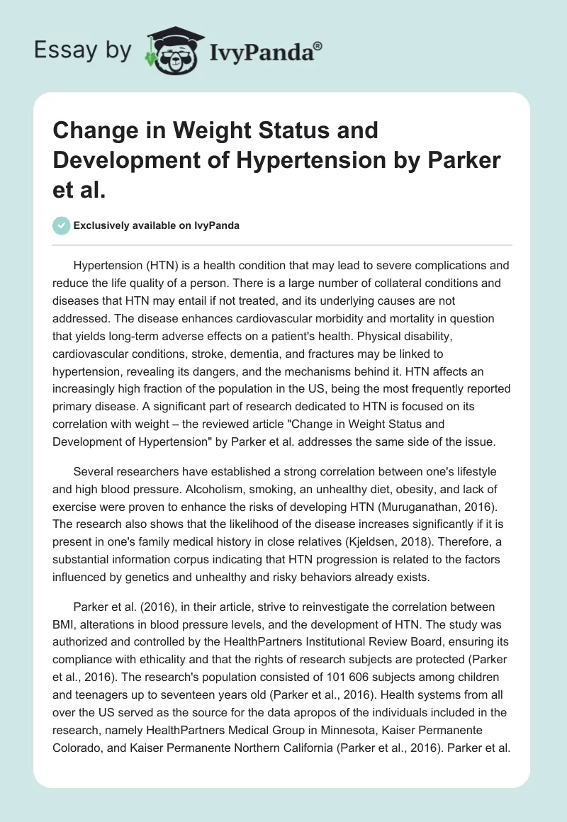 "Change in Weight Status and Development of Hypertension" by Parker et al.. Page 1