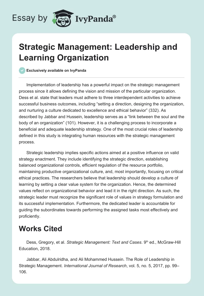 Strategic Management: Leadership and Learning Organization. Page 1