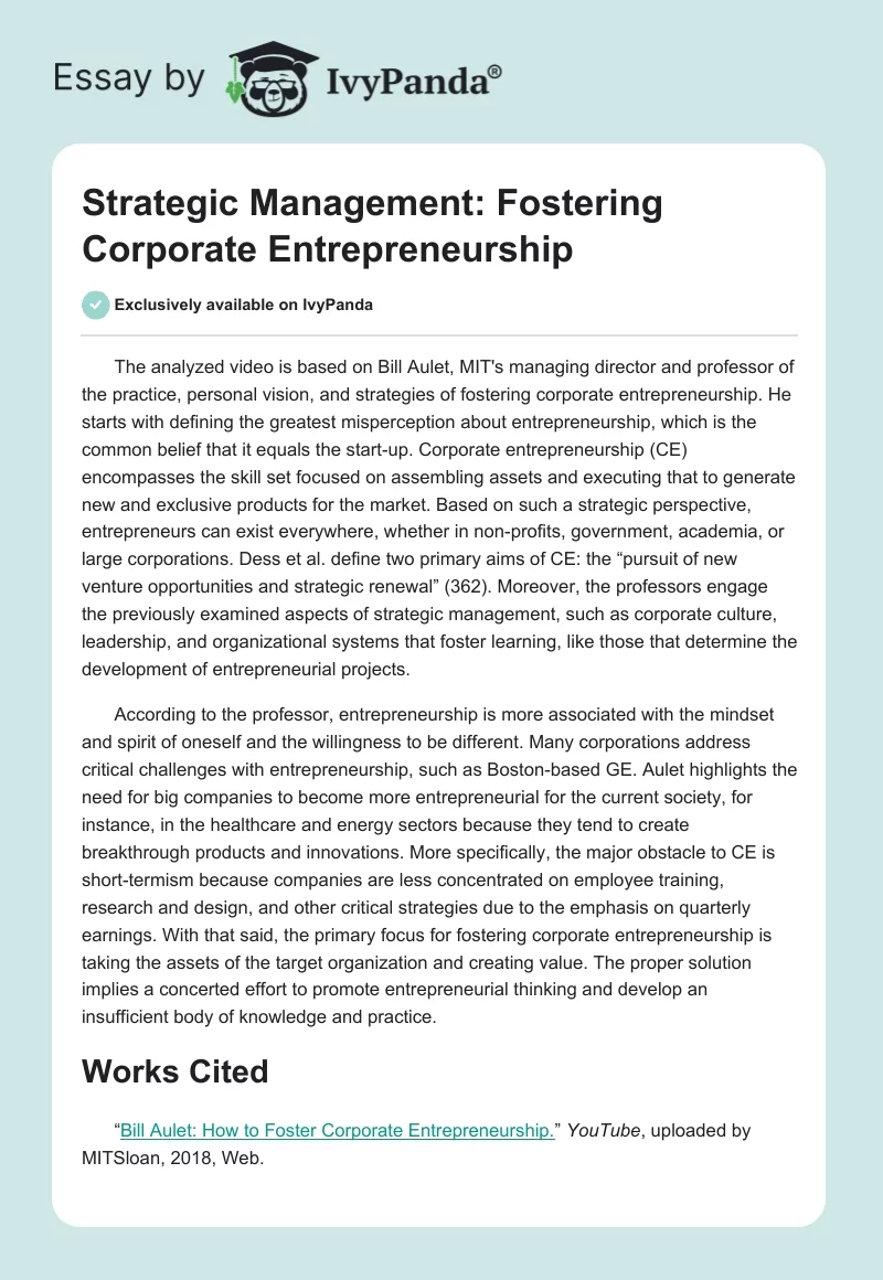 Strategic Management: Fostering Corporate Entrepreneurship. Page 1