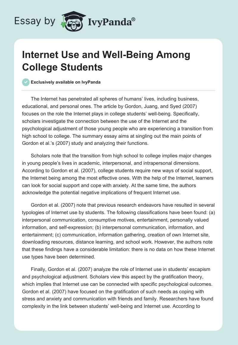 Internet Use and Well-Being Among College Students. Page 1