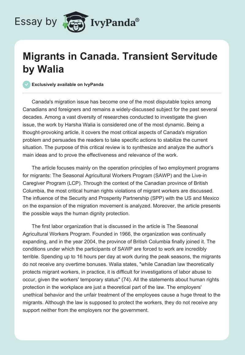 Migrants in Canada. "Transient Servitude" by Walia. Page 1