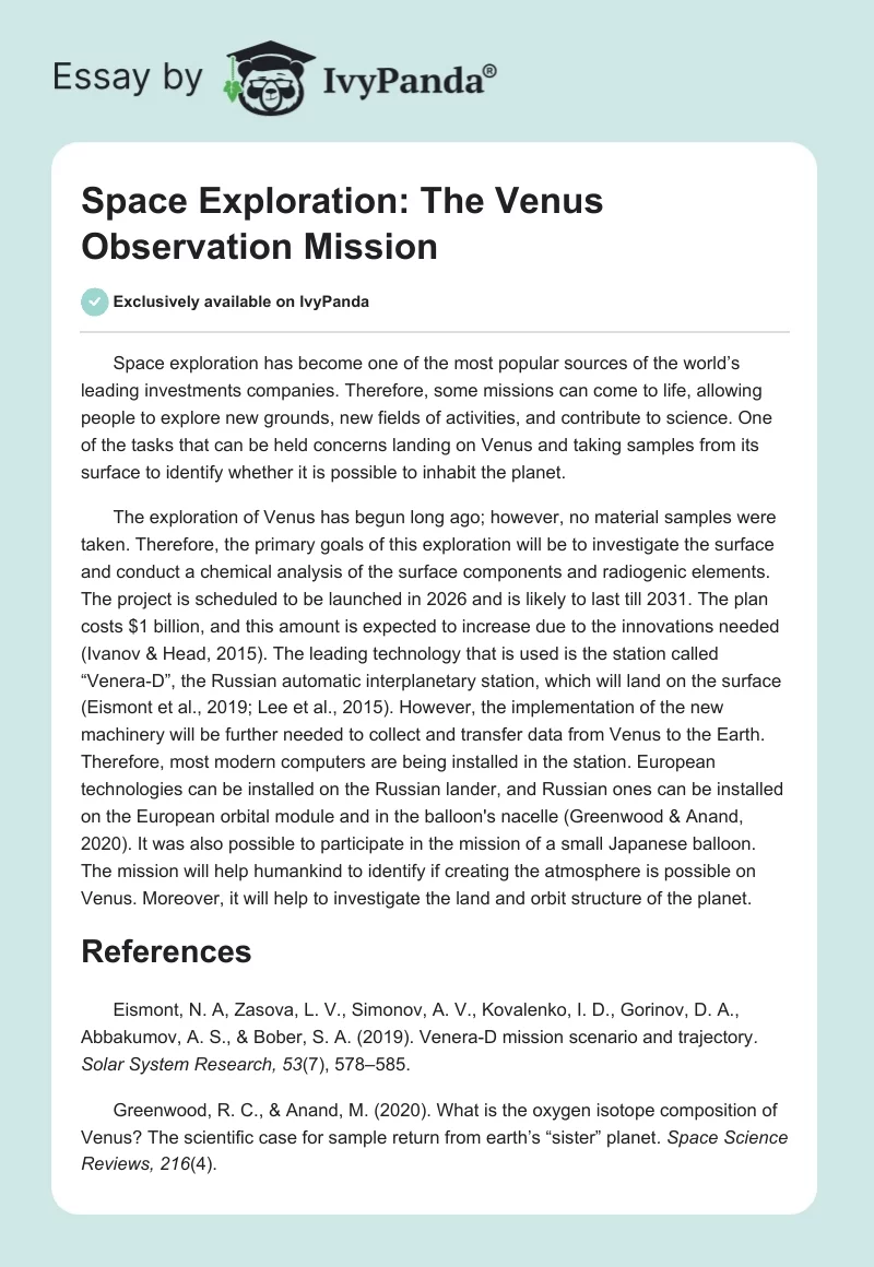 Space Exploration: The Venus Observation Mission. Page 1