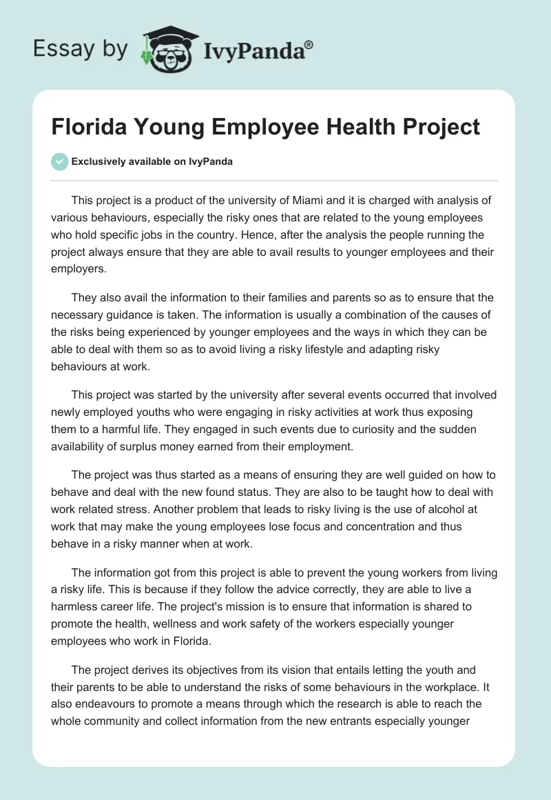 Florida Young Employee Health Project. Page 1