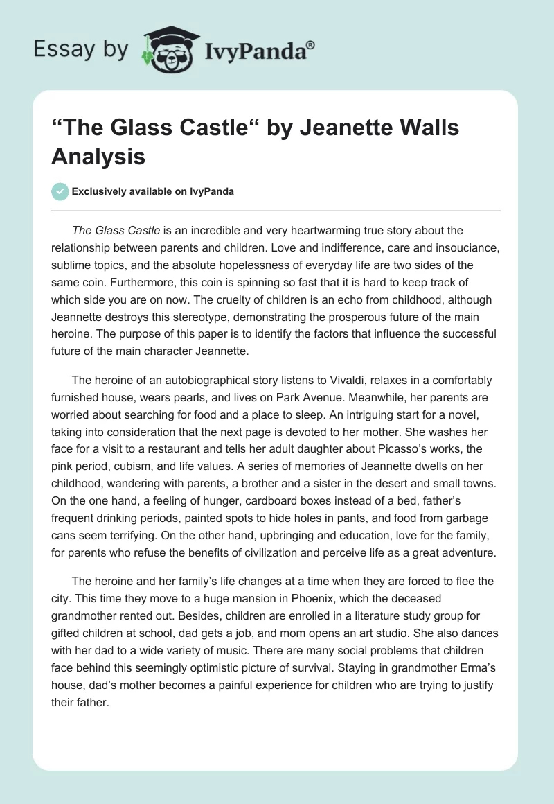 “The Glass Castle“ by Jeanette Walls Analysis. Page 1
