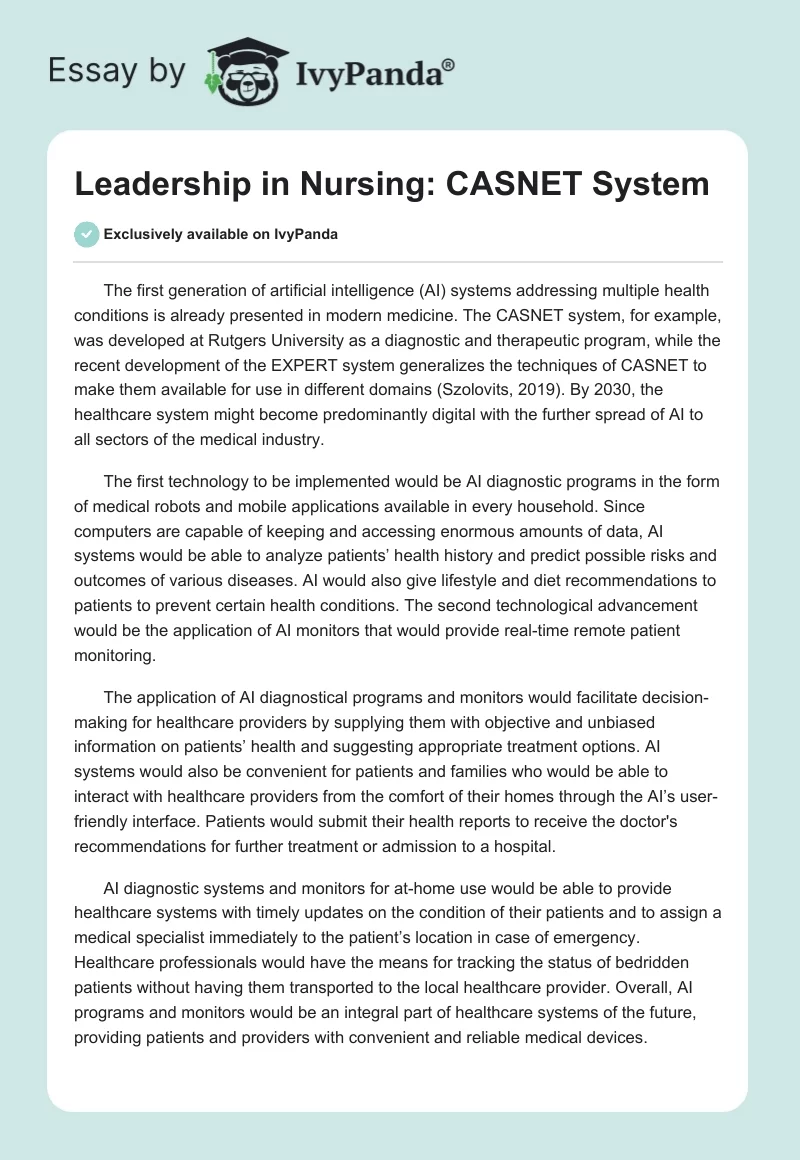 Leadership in Nursing: CASNET System. Page 1