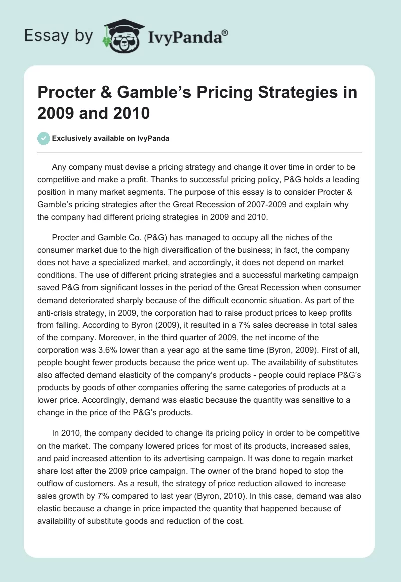Procter & Gamble’s Pricing Strategies in 2009 and 2010. Page 1