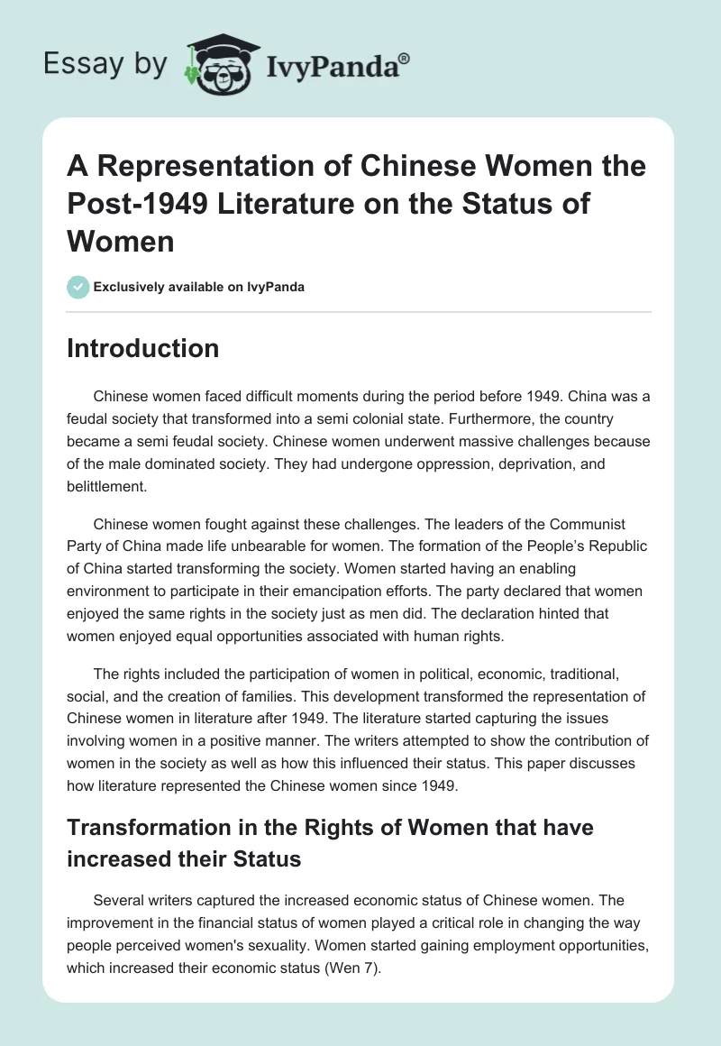A Representation of Chinese Women the Post-1949 Literature on the Status of Women. Page 1