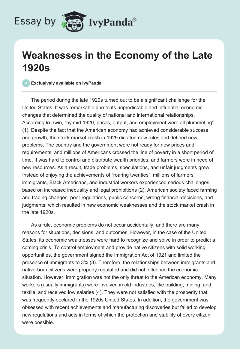 Weaknesses in the Economy of the Late 1920s. Page 1