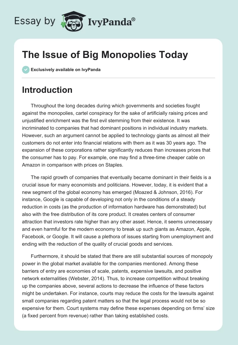The Issue of Big Monopolies Today. Page 1
