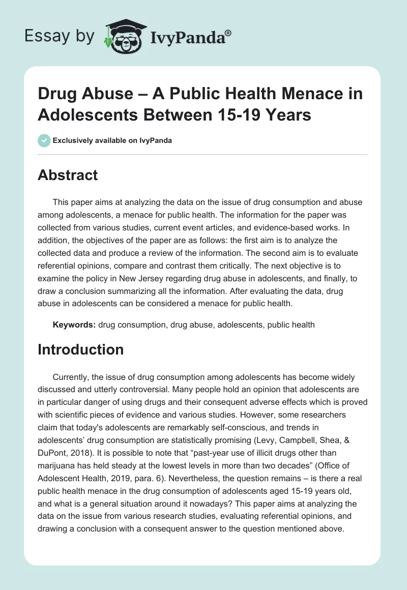 Drug Abuse – A Public Health Menace in Adolescents Between 15-19 Years. Page 1