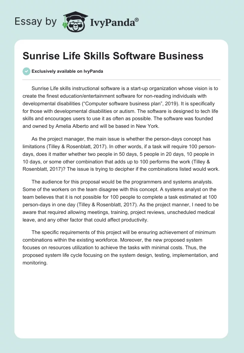 Sunrise Life Skills Software Business. Page 1