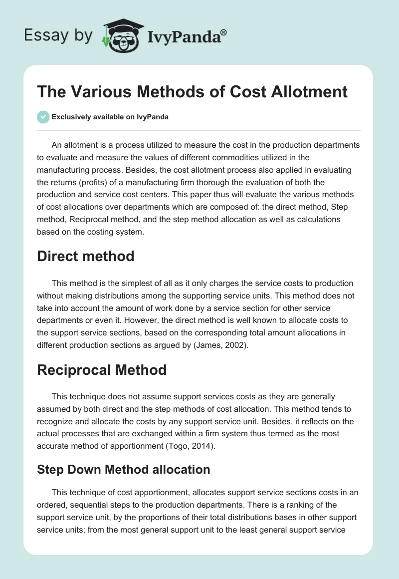The Various Methods of Cost Allotment. Page 1